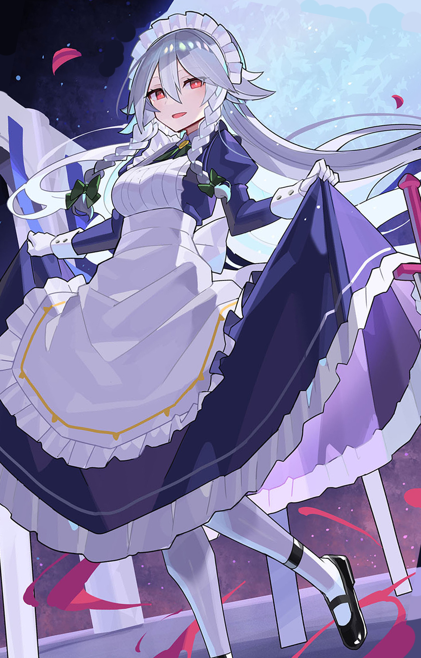 1girl alternate_hair_length alternate_hairstyle apron black_shoes blue_dress blush braid commentary dress falken_(yutozin) full_moon gloves grey_hair hair_between_eyes highres izayoi_sakuya juliet_sleeves lifting_own_clothes long_hair long_sleeves looking_at_viewer maid maid_apron maid_headdress moon open_mouth pantyhose puffy_sleeves red_eyes revision shoes skirt_hold smile solo sword touhou twin_braids weapon white_apron white_gloves white_pantyhose