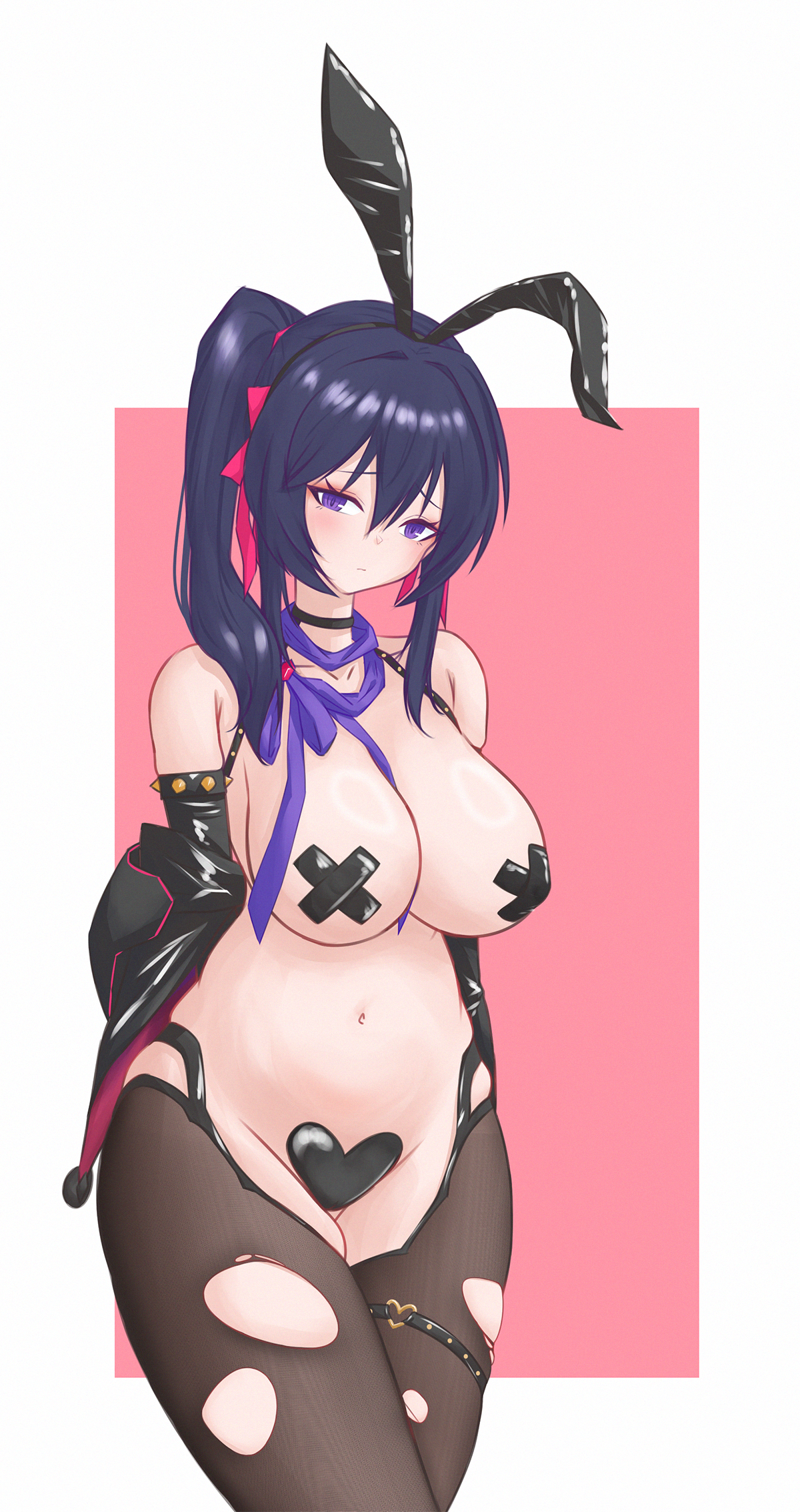 1girl animal_ears armlet armpits black_gloves blush breasts brown_dust_(series) brown_dust_2 brown_pantyhose chelimas_(arcalive) cleavage closed_mouth cross cross_pasties fake_animal_ears gloves groin hair_between_eyes heart_maebari highres jewelry large_breasts loen_(brown_dust_2) loen_(celebrity_bunny)_(brown_dust_2) long_hair looking_at_viewer maebari meme_attire navel pantyhose pasties purple_eyes purple_hair reverse_bunnysuit reverse_outfit side_ponytail solo spiked_armlet stomach thigh_strap