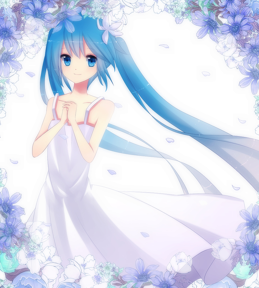 1girl blue_hair dress flowers_in_hair hatsune_miku mei1225 vocaloid white_dress