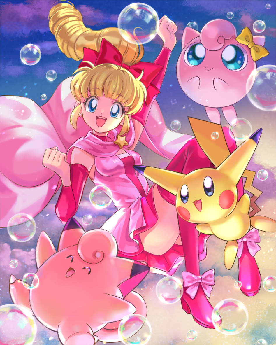 1girl :d ^_^ arm_up blonde_hair blue_eyes boots bow breasts bubble clefairy clenched_hands closed_eyes commentary_request detached_sleeves dress eyelashes floating_hair footwear_bow gen_1_pokemon hair_bow hazel_(pokemon) jigglypuff long_hair looking_at_viewer magical_pokemon_journey mitama_(mokochiko) nintendo open_mouth pikachu pink_boots pink_dress pokemon pokemon_(creature) ponytail red_bow smile teeth thigh_boots thighhighs tongue upper_teeth_only
