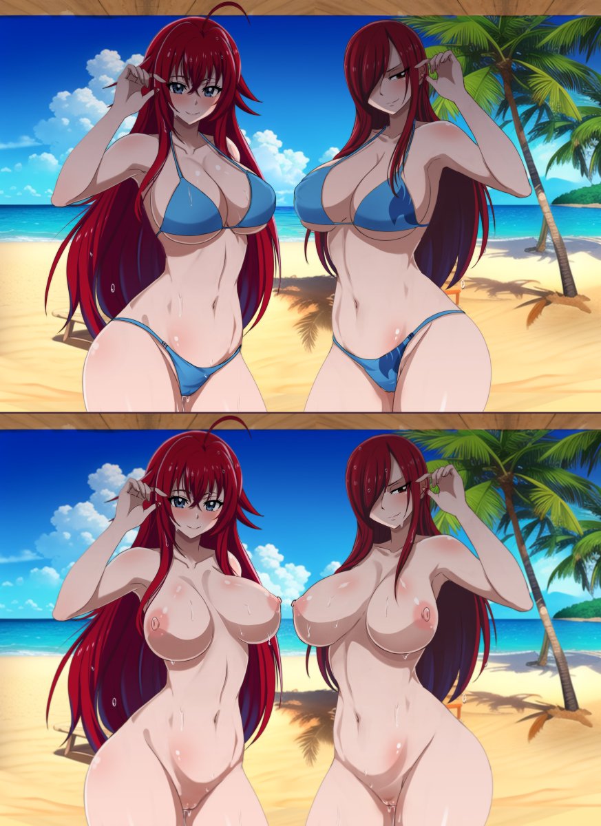 2girls beach bikini blue_bikini blush breasts cleavage color_connection crossover erza_scarlet fairy_tail female_focus hair_color_connection high_school_dxd highres long_hair multiple_girls navel nipples nude pussy red_hair rias_gremory smile swimsuit the_amazing_gambit trait_connection underboob