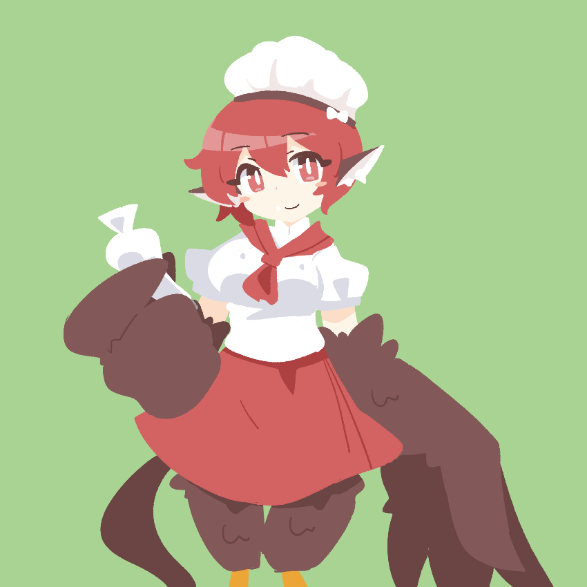 1girl animal_ears big_o_pants bird_ears bird_legs bird_tail black_feathers black_wings blush_stickers bright_pupils chef_hat commentary_request feathers fio-chan_(big_o_pants) green_background hair_between_eyes harpy hat long_hair looking_at_viewer monster_girl neckerchief original pastry_bag red_eyes red_hair red_neckerchief red_skirt shirt simple_background skirt smile solo tail white_pupils white_shirt winged_arms wings