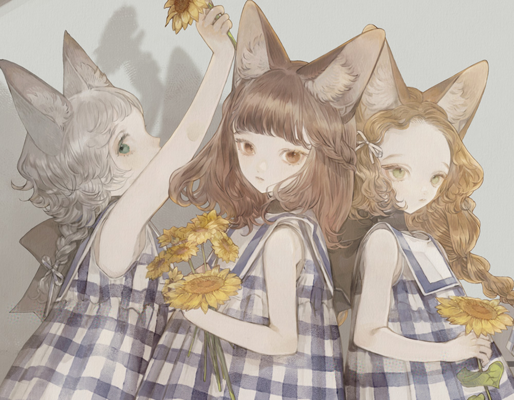 3girls animal_ear_fluff animal_ears arm_up black_bow blonde_hair blunt_bangs bow braid brown_eyes brown_hair dress flower fox_ears fox_girl green_eyes grey_hair holding holding_flower long_hair looking_at_viewer medium_hair multiple_girls nekosuke_(oxo) original parted_bangs plaid_clothes plaid_dress shadow sideways_glance single_braid sleeveless sleeveless_dress sunflower upper_body yellow_eyes