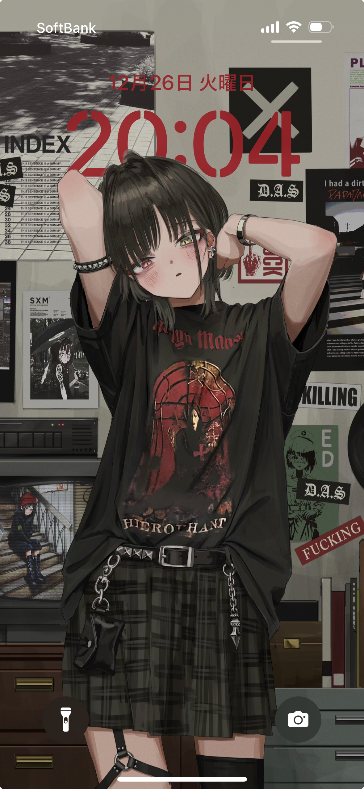1girl absurdres armlet arms_up asymmetrical_legwear band_shirt belt black_belt black_shirt black_skirt black_thighhighs blush bracelet chain chest_of_drawers cowboy_shot cross cross_earrings earrings eyeliner fake_phone_screenshot fake_screenshot gishiki_(gshk) hair_intakes hand_on_own_head heavy_metal heterochromia highres jewelry latin_cross looking_at_viewer makeup merchandise metal_bracelet middle_finger open_mouth original plaid_clothes plaid_skirt pleated_skirt poster_(object) pouch profanity punk red_eyeliner red_eyes shirt single_earring single_thighhigh skirt solo spiked_armlet spiked_belt spikes standing t-shirt television thighhighs yellow_eyes