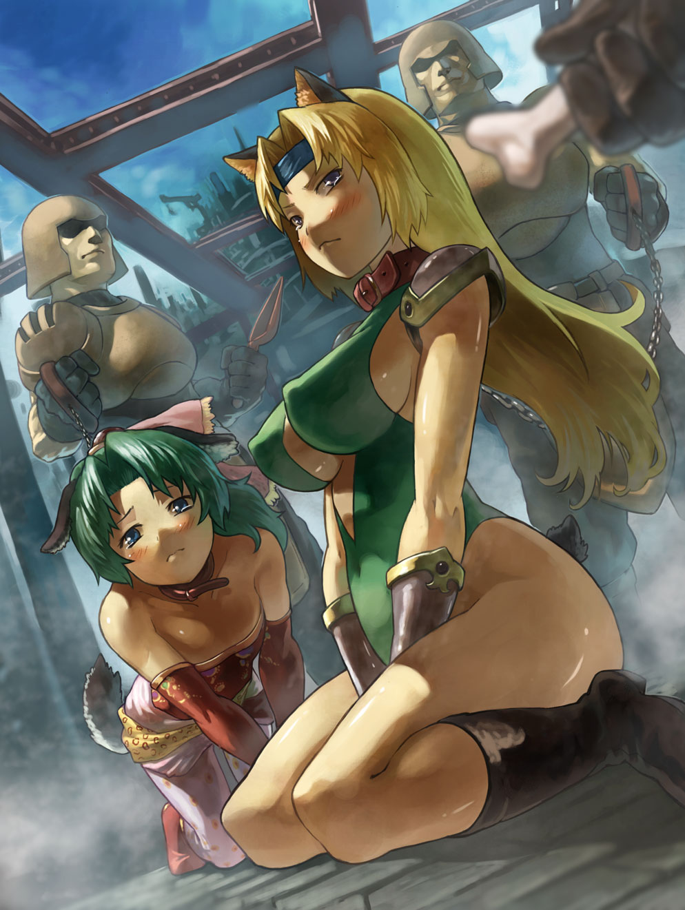 1990s_(style) 2girls all_fours animal_ears armor auction bad_id bad_pixiv_id bare_shoulders bdsm bent_over between_legs bitch_taken_for_walk blonde_hair blue_eyes blush bone boots bow breasts captured celes_chere chain cleavage collar covered_erect_nipples day detached_sleeves dog_ears elbow_gloves female_focus final_fantasy final_fantasy_vi gloves green_hair hair_bow headband helmet highres kneeling large_breasts leash leotard long_hair master multiple_girls outdoors pantyhose pet_play petgirl retro_artstyle seiza shoulder_pads sideboob sitting sky slave slave_auction soldier spoils tail takeda_kanryuusai tears tina_branford wolf_ears wolf_tail