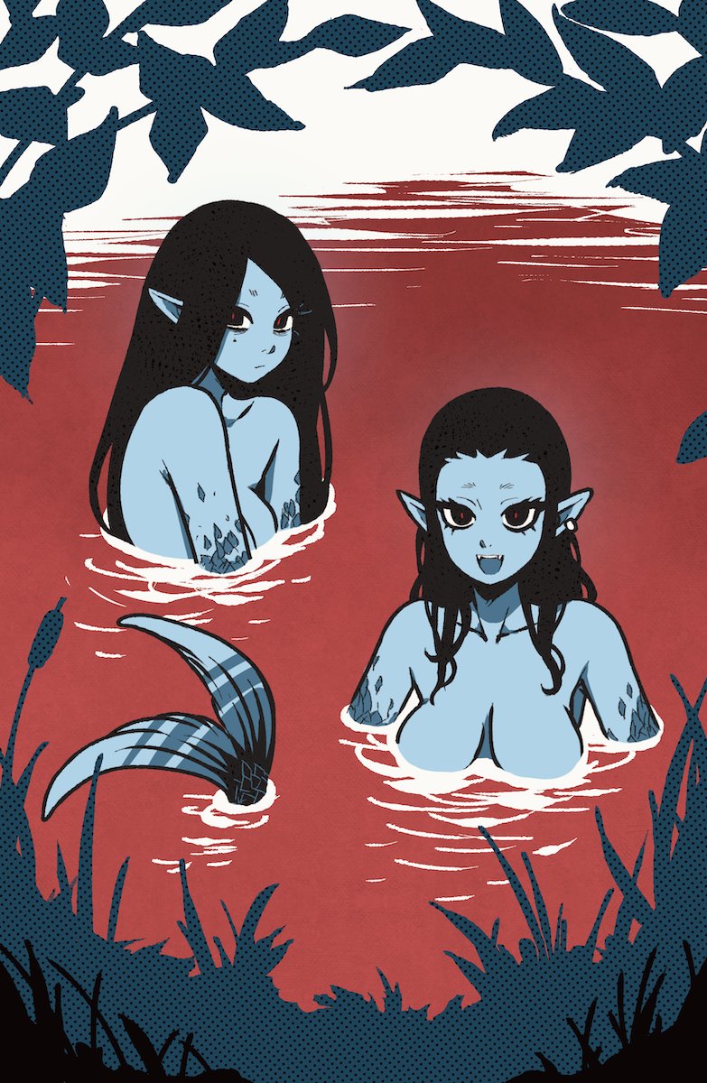 2girls akairiot bare_shoulders black_hair black_sclera blue_skin breasts closed_mouth collarbone colored_sclera colored_skin commentary earrings english_commentary highres in_water jewelry long_hair looking_at_viewer mermaid mole mole_under_eye monster_girl multiple_girls nude open_mouth original outdoors pointy_ears red_eyes