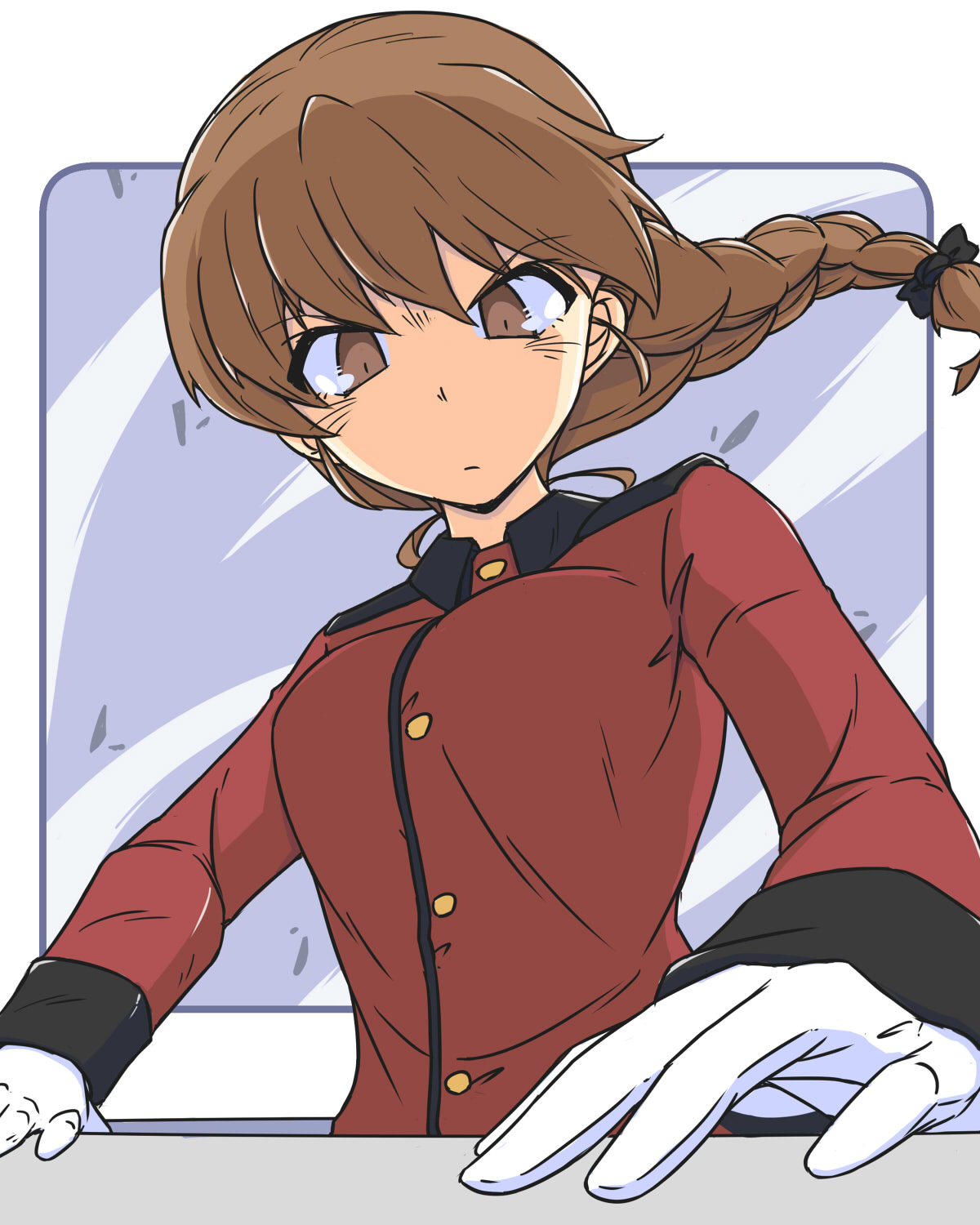 1girl black_ribbon braid braided_ponytail brown_eyes brown_hair closed_mouth commentary foreshortening frown girls_und_panzer gloves hair_ribbon highres jacket long_hair long_sleeves looking_at_viewer military_uniform outside_border red_jacket renshiu ribbon rounded_corners rukuriri_(girls_und_panzer) single_braid solo st._gloriana's_military_uniform white_gloves wind