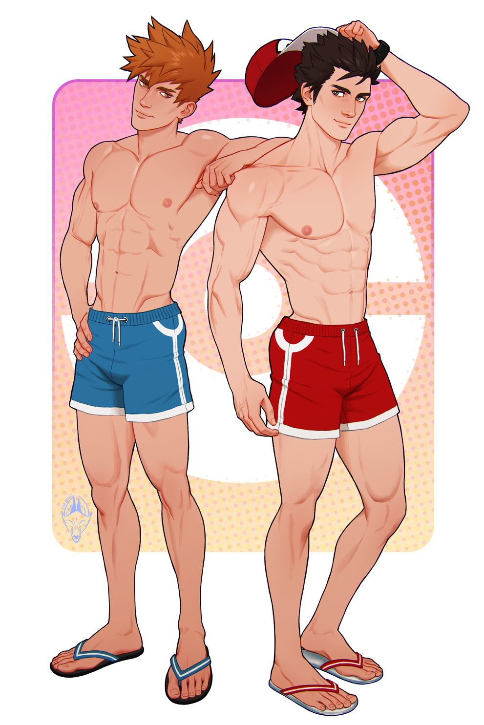2boys abs artist_logo bara baseball_cap black_hair blue_male_swimwear blue_oak brown_eyes brown_hair commentary fox_bravo hat highres holding holding_unworn_clothes holding_unworn_hat logo male_focus male_swimwear multiple_boys navel nintendo nipples paid_reward_available pectorals pokemon pokemon_sm red_(pokemon) red_male_swimwear sandals short_hair swim_trunks symbol-only_commentary toned toned_male topless_male unworn_hat unworn_headwear