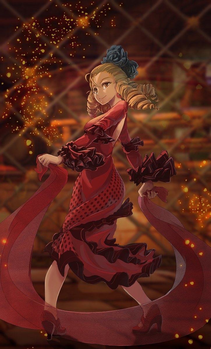 1girl alternate_costume antenna_hair back_cutout blonde_hair blue_flower blue_rose breasts clothing_cutout dancing dress female_focus flamenco flamenco_dress flower full_body hair_flower hair_ornament high_heels highres kanzuki_karin looking_back medium_breasts medium_hair pigeon-toed red_dress red_footwear ringlets rose sergio_nhur shawl solo spinning street_fighter street_fighter_v yellow_eyes