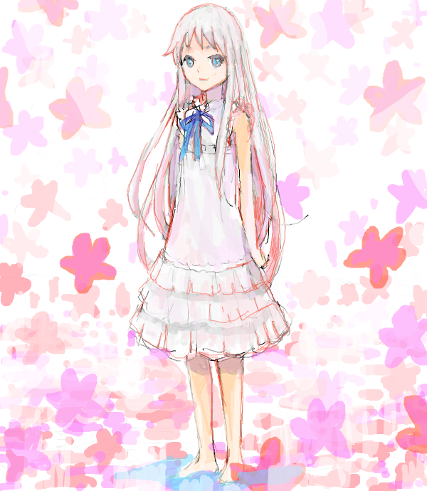 1girl ano_hi_mita_hana_no_namae_wo_bokutachi_wa_mada_shiranai. bad_drawr_id bad_id bare_arms bare_legs barefoot blue_eyes closed_mouth dress flat_chest full_body honma_meiko light_smile long_hair looking_at_viewer neck_ribbon oekaki ribbon sidelocks sketch solo standing star_(symbol) suya000 white_background white_dress white_hair