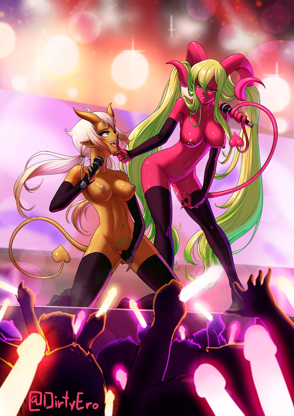 2girls :d aqua_eyes aqua_nails artist_name barbell_piercing black_thighhighs blonde_hair body_freckles borrowed_character breasts colored_skin commentary commission crowd curled_horns curved_horns cynthia_(verdantdarkgon) demon_girl demon_tail detached_sleeves dirty_ero english_commentary eye_contact female_masturbation fingering freckles glowstick grabbing_another&#039;s_chin gradient_hair green_eyes green_hair hair_between_eyes hand_on_another&#039;s_chin highres holding holding_microphone horns kneeling large_breasts leaning_forward lens_flare long_hair long_sleeves looking_at_another low_twintails masturbation microphone multicolored_hair multiple_girls nail_polish navel navel_piercing nipple_piercing nipples nude open_mouth original penlight_(glowstick) piercing pointy_ears prehensile_hair pubic_tattoo public_indecency pussy_juice pussy_juice_trail red_skin saliva shoulder_freckles smile stage standing stomach tail tail_wrap tattoo thighhighs twintails twitter_username valerie_(verdantdarkgon) very_long_hair white_hair yellow_skin yuri