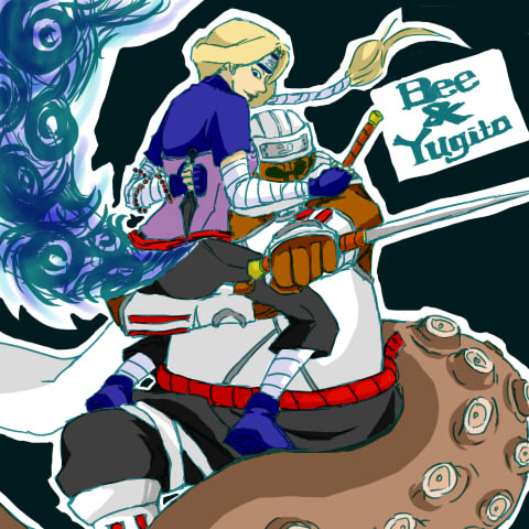 1boy 1girl bandages beads blonde_hair blue_fire capri couple dark_skin fire flak_jacket forehead_protector gloves gyuuki_(naruto) jacket killer_bee kumogakure kunai lowres matatabi_(naruto) naruto_(series) naruto_shippuuden nii_yugito ponytail sandals scarf size_difference sunglasses sword tail tattoo tentacles weapon
