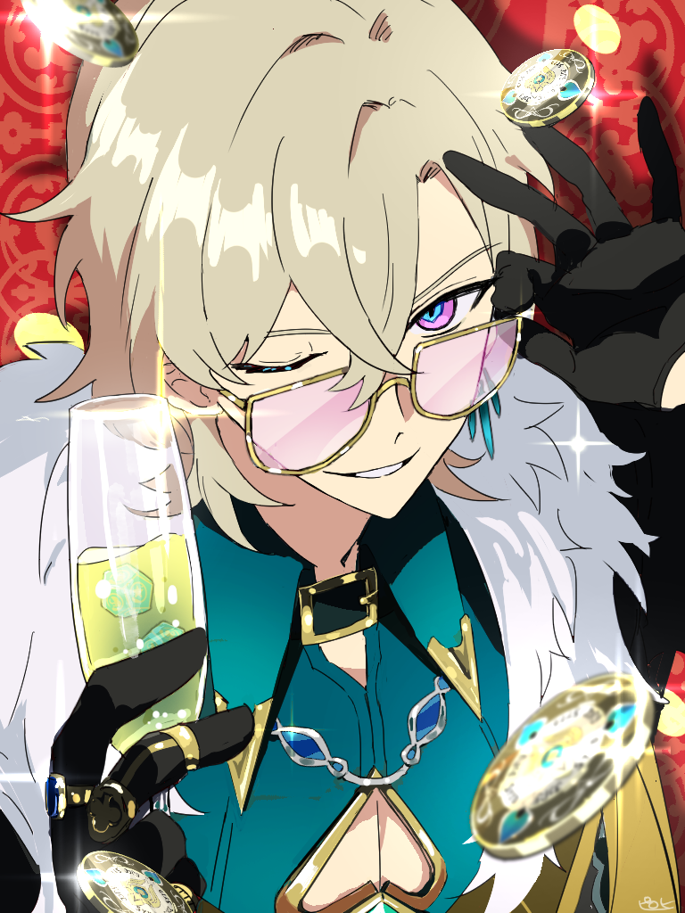 1boy adjusting_eyewear aventurine_(honkai:_star_rail) black_coat black_gloves blonde_hair blue_eyes champagne_flute coat collared_shirt commentary_request crossed_bangs cup drinking_glass earrings fur-trimmed_coat fur_trim gloves green_shirt grin holding holding_cup honkai:_star_rail honkai_(series) jewelry looking_at_viewer male_focus multicolored_eyes multiple_rings one_eye_closed patterned_background pectoral_cleavage pectorals pink-tinted_eyewear pink_eyes pirohi_(pirohi214) poker_chip red_background ring shirt short_hair single_earring smile solo tinted_eyewear two-tone_eyes