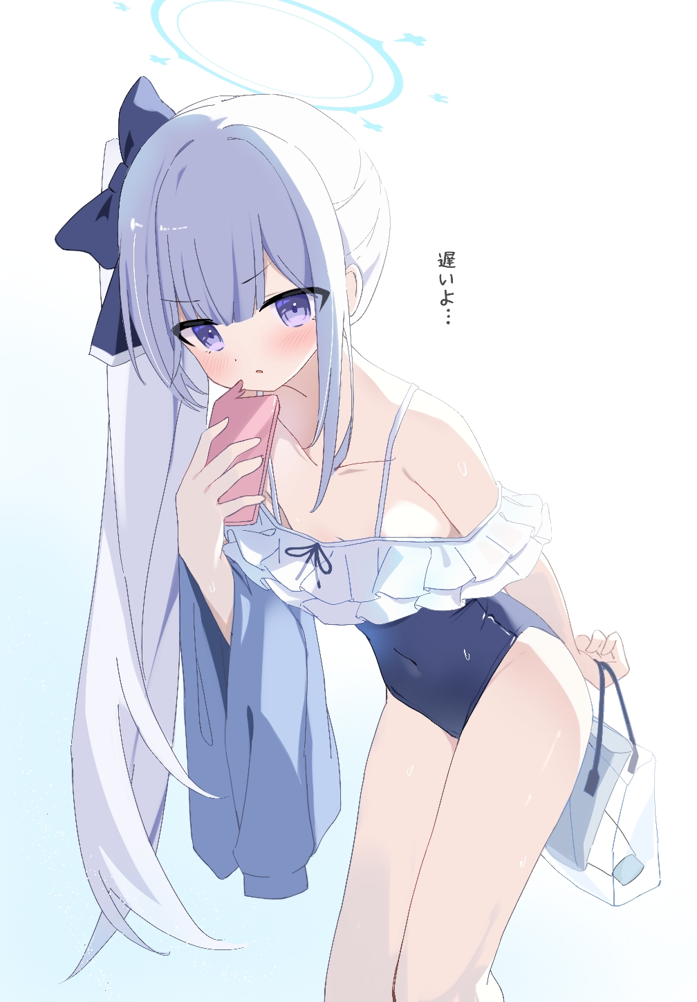 1girl bag bent_over blue_archive blue_bow blue_halo blue_one-piece_swimsuit bow casual_one-piece_swimsuit covered_navel frilled_one-piece_swimsuit frills halo highres holding holding_bag holding_phone jacket kkurovo long_hair looking_at_viewer miyako_(blue_archive) miyako_(swimsuit)_(blue_archive) official_alternate_costume one-piece_swimsuit phone ponytail purple_eyes simple_background solo swimsuit transparent_bag two-tone_one-piece_swimsuit unworn_jacket very_long_hair white_background white_hair