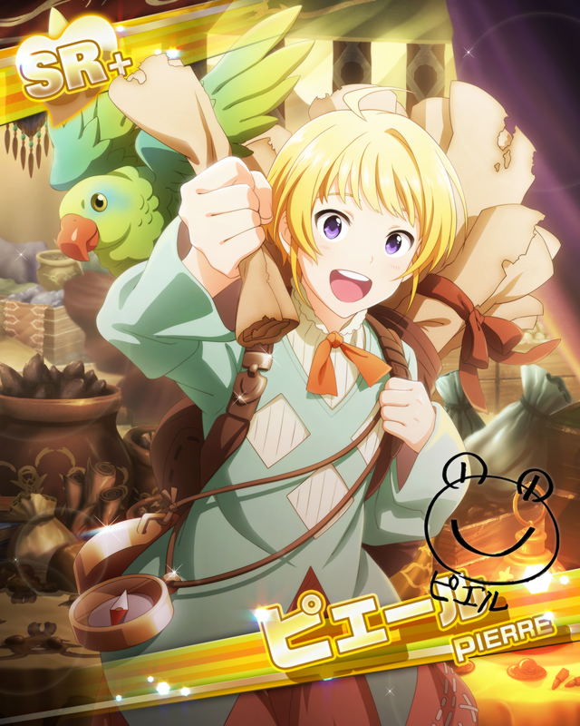 1boy ahoge backpack bag bird blonde_hair card_(medium) character_name cosplay granblue_fantasy holding holding_map idolmaster idolmaster_side-m long_sleeves male_focus map official_art open_mouth pierre_bichelberger purple_eyes sierokarte sierokarte_(cosplay) solo teeth upper_teeth_only
