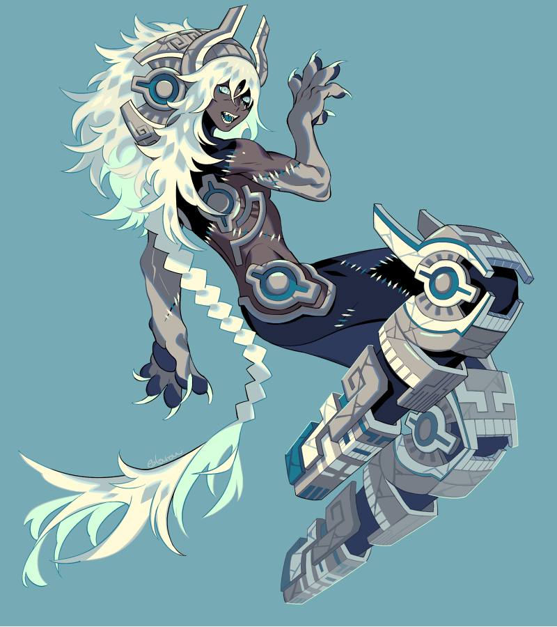 1boy animal_hands artist_name black_skin blue_background blue_eyes blue_skin blue_tongue braid braided_ponytail claws colored_skin colored_tongue dark-skinned_male dark_skin edarow fangs floating full_body grey_skin headdress knees_up long_hair looking_at_viewer looking_back male_focus monster_boy multicolored_skin no_feet open_mouth original simple_background single_braid solo stitches very_long_hair white_hair