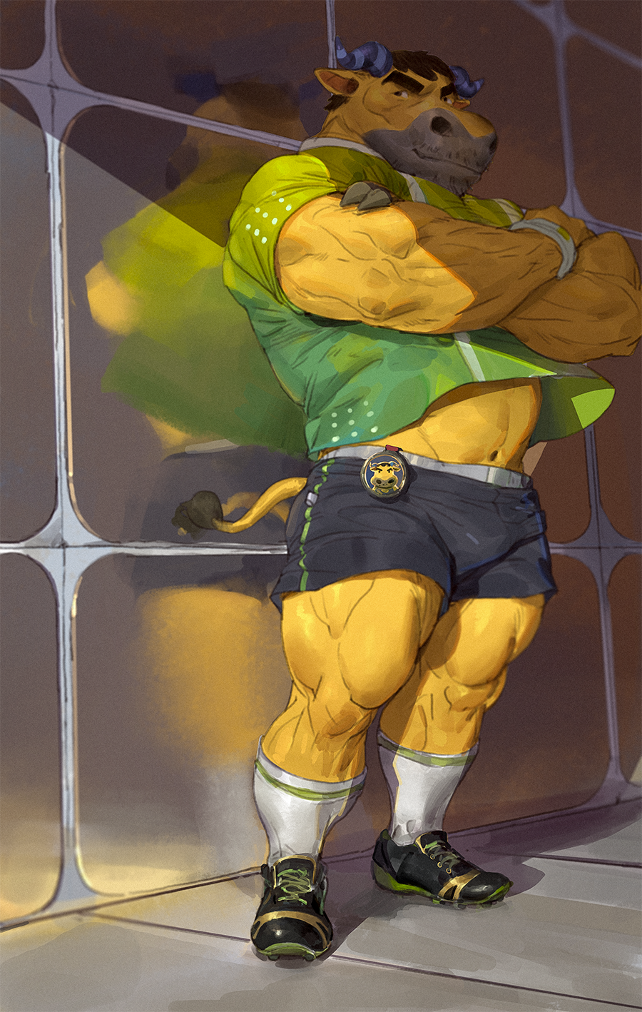 1boy animal_crossing bara beard bracelet brown_hair bull coach_(animal_crossing) crossed_arms eyebrows facial_hair furry furry_male highres horns jewelry male_focus muscular navel nintendo shirt shoes shorts solo standing tail tooboshoo