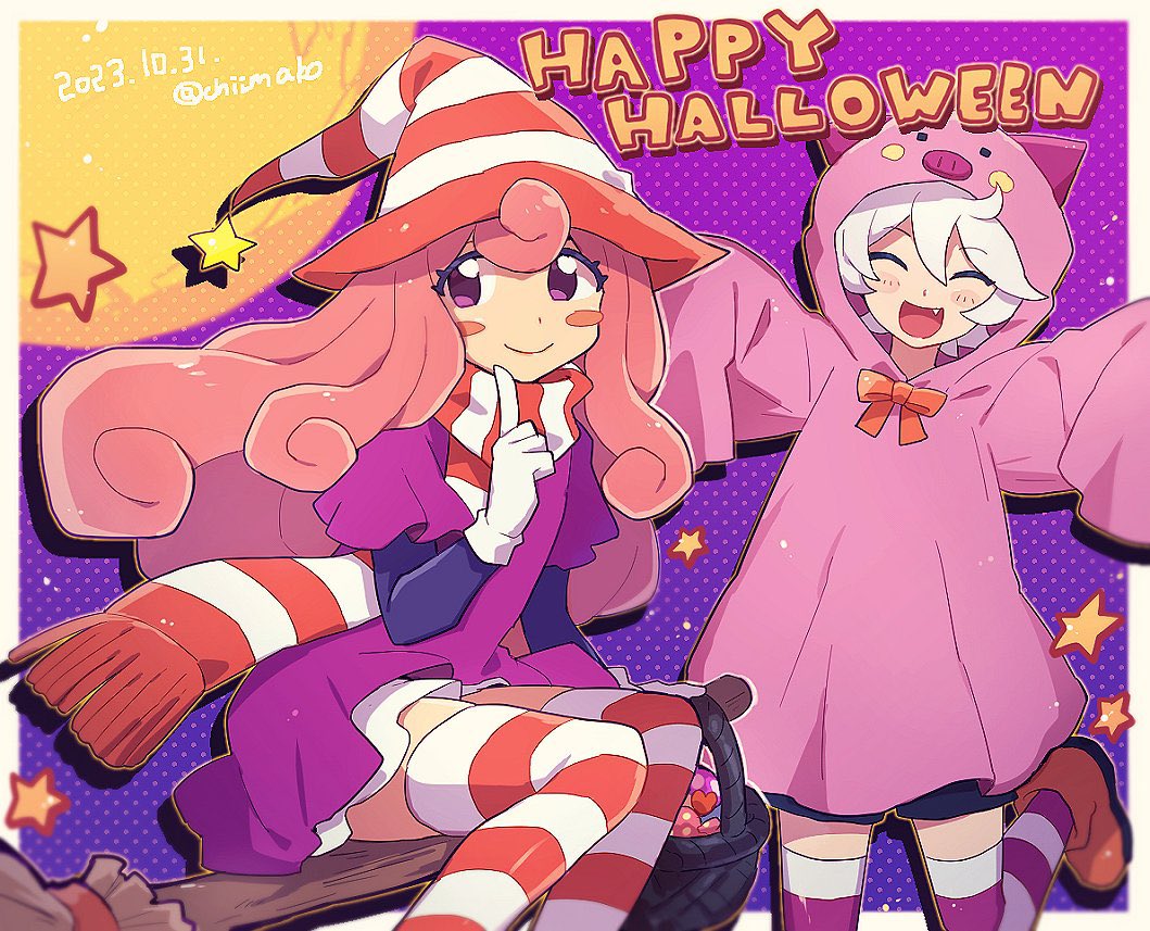 1boy 1girl alternate_costume animal_costume blush_stickers broom broom_riding chiimako curly_hair doopliss gloves halloween happy_halloween hat humanization long_hair looking_at_viewer mario_(series) nintendo open_mouth paper_mario paper_mario:_the_thousand-year_door personification pig_costume pink_hair shirt simple_background smile striped_clothes striped_headwear vivian_(paper_mario) white_gloves white_hair white_shirt witch_hat