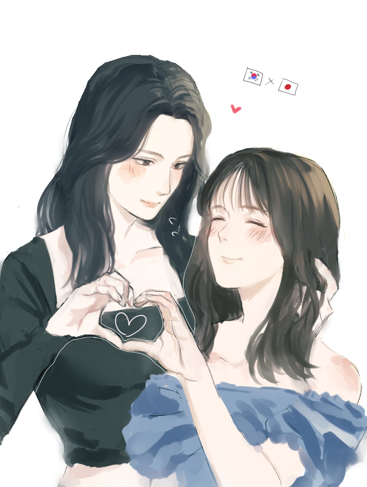 2girls black_hair black_shirt blue_dress blush brown_hair closed_eyes dress female_focus hand_on_another&#039;s_head happy heart heart_hands heart japan-korea_yuri_(meme) japanese_flag looking_at_another multiple_girls shirt smile south_korean_flag takitakitaaa yuri