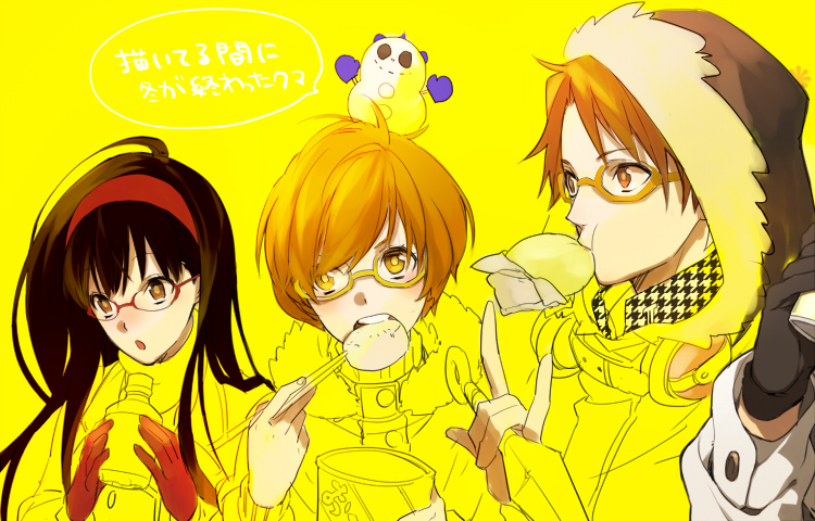 1boy 2girls \m/ amagi_yukiko atlus chopsticks eating food glasses gloves hairband hanamura_yousuke headphones jacket kuma_(persona_4) kunai multiple_girls nakahara_(mu_tation) orange-framed_eyewear persona persona_4 persona_4_the_golden red-framed_eyewear satonaka_chie snowman weapon yellow-framed_eyewear