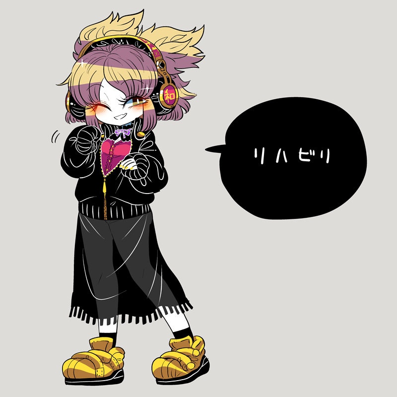 1girl alternate_costume black_jacket black_socks blush brown_eyes buttons earmuffs flower full_body grey_background jacket light_brown_hair long_sleeves motion_lines one_eye_closed open_mouth pointy_hair see-through_clothes see-through_skirt shoes short_hair simple_background skirt sleeves_past_wrists smile socks solo touhou toyosatomimi_no_miko yellow_flower yt_(wai-tei) zipper zipper_pull_tab