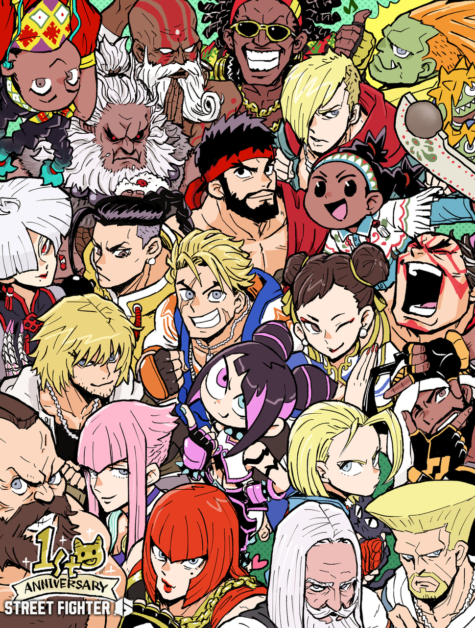 6+boys 6+girls a.k.i._(street_fighter) anniversary bald beard blanka blanka-chan blonde_hair cammy_white capcom chun-li colored_skin dark-skinned_female dark-skinned_male dark_skin dee_jay dhalsim eating ed_(street_fighter) e._honda everyone facepaint facial_hair flattop food green_skin guile hair_horns han_juri headband heterochromia highres jamie_siu jp_(street_fighter) ken_masters kimberly_jackson lily_hawk looking_at_viewer luke_sullivan manon_legrand marisa_(street_fighter) multiple_boys multiple_girls mustache official_art onigiri orange_hair rashid_(street_fighter) red_hair red_lips ryu_(street_fighter) serious street_fighter street_fighter_6 sunglasses turban white_hair zangief