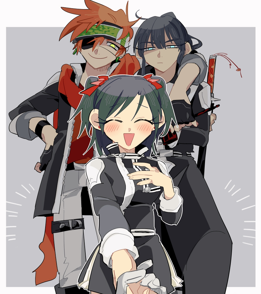 1girl 2boys allen_walker belt black_coat black_footwear black_gloves black_hair black_jacket black_order_uniform black_skirt blue_eyes blush boots closed_eyes coat collared_coat d.gray-man earrings eyepatch fingerless_gloves gloves green_eyes green_hair green_headband grey_background hair_ribbon hand_on_another&#039;s_shoulder hand_on_own_chest hand_on_own_hip headband high_ponytail holding holding_hands holding_sword holding_weapon jacket jewelry kanda_yuu lavi lenalee_lee long_coat long_hair medium_hair miniskirt multiple_boys one_eye_covered open_mouth orange_hair pants ponytail red_ribbon red_scarf red_shirt ribbon scarf shirt sidelocks skirt smile striped_clothes striped_coat striped_jacket striped_skirt sword thigh_strap two_side_up weapon white_gloves white_pants white_stripes wristband xmori_6