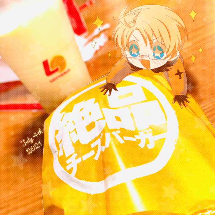 +_+ ahoge ahoge_wag america_(hetalia) axis_powers_hetalia black_gloves blonde_hair blue_eyes blurry blurry_background bomber_jacket chibi cup dated disposable_cup expressive_hair food glasses gloves happy hetaratable jacket male_focus mini_person miniboy on_table open_mouth saliva smile sparkle table v-shaped_eyebrows