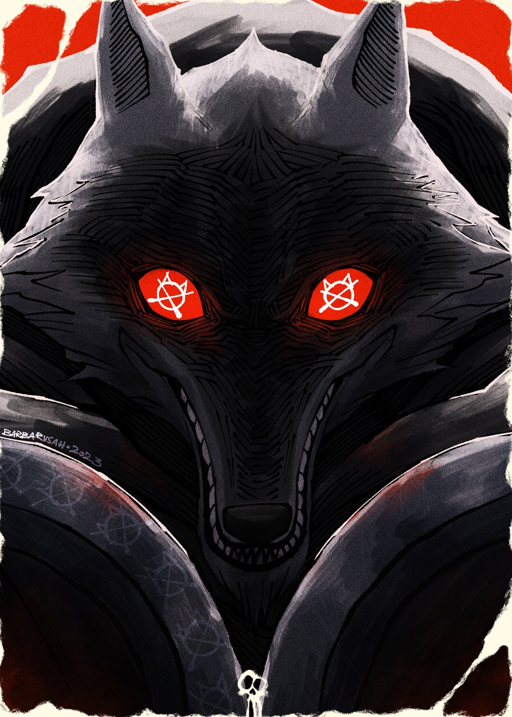 animal_ears barbarvsah black_cloak cloak cloak_lift death_(puss_in_boots) dual_wielding fangs glowing highres holding holding_sickle hood hooded_cloak looking_at_viewer puss_in_boots:_the_last_wish red_eyes sharp_teeth shrek_(series) sickle smile solo symbol-shaped_pupils teeth twin_blades weapon wolf wolf_ears