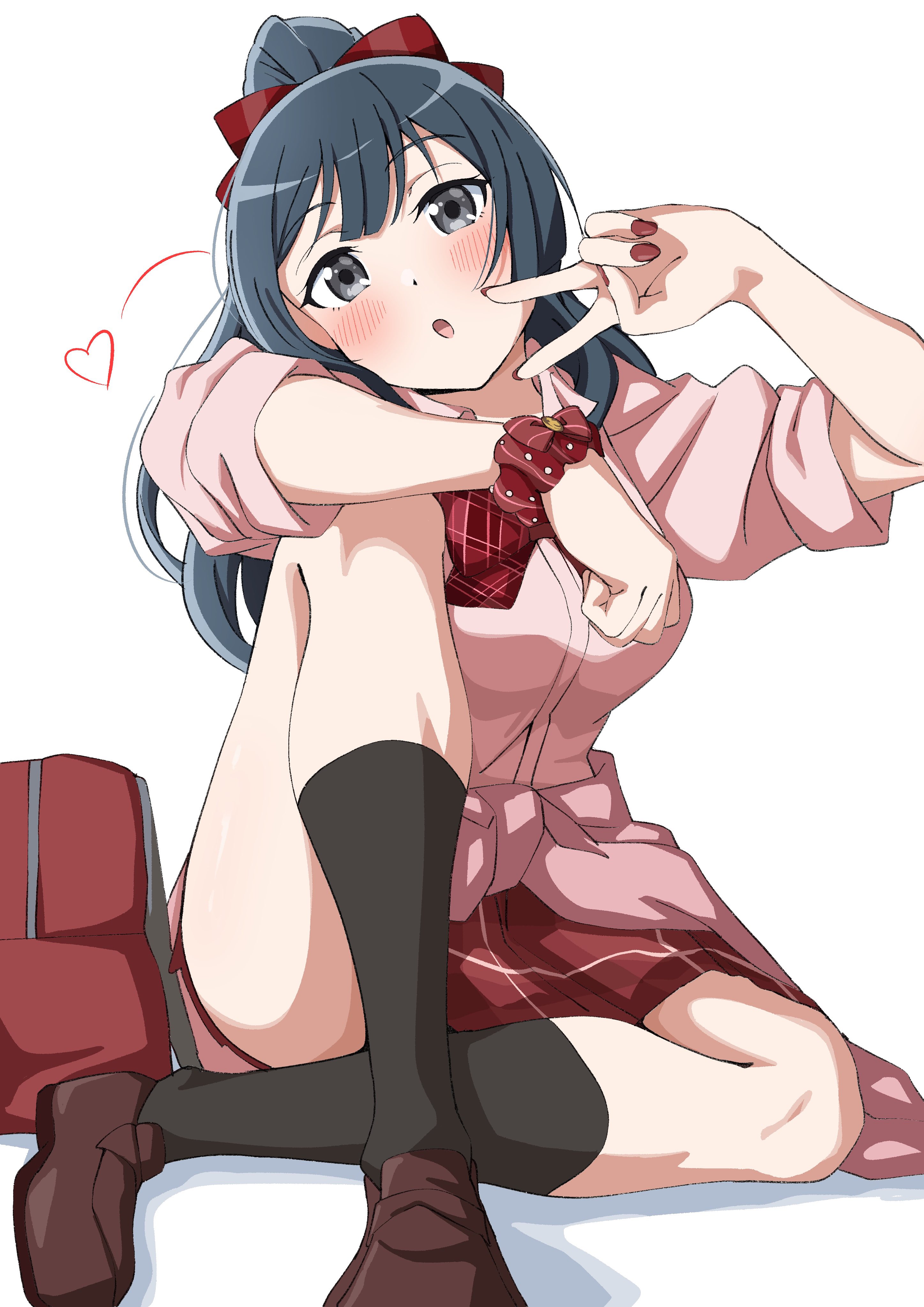 1girl :o absurdres bag black_hair black_socks blush bow bowtie breasts brown_shoes cleavage grey_eyes gyaru hair_bow heart highres kogal loafers long_hair looking_at_viewer love_live! love_live!_nijigasaki_high_school_idol_club medium_breasts miniskirt nail_polish official_alternate_costume official_alternate_hairstyle pink_shirt plaid_bow plaid_bowtie plaid_clothes plaid_scrunchie plaid_skirt pleated_skirt red_bag red_bow red_bowtie red_nails red_scrunchie red_skirt school_bag scrunchie shirt shoes sitting skirt sleeves_rolled_up socks solo three-quarter_sleeves uchuu_no_mozuku v white_background wrist_scrunchie yuki_setsuna