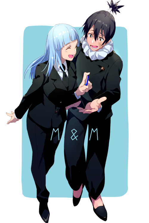 1boy 1girl :d black_jacket black_necktie black_suit blue_hair blush echo_(circa) facial_scar formal_clothes full_body gakuran jacket jujutsu_kaisen jujutsu_tech_uniform long_hair long_sleeves miwa_kasumi muta_kokichi necktie open_mouth pant_suit pants scar scar_on_cheek scar_on_face school_uniform shirt smile suit topknot white_shirt