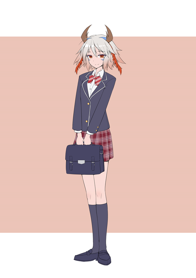 1girl bag blazer bow bowtie contemporary duel_monster full_body grey_hair jacket medium_hair orange_background orange_eyes school_bag school_uniform shoes shun_no_shun simple_background skirt smile socks solo traptrix_myrmeleo yu-gi-oh!