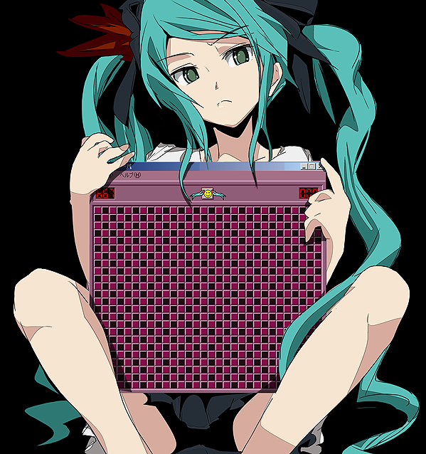 00s 1girl aqua_hair black_background commentary female_focus frown green_eyes hatsune_miku ixy knees_apart_feet_together long_hair microsoft_windows minesweeper simple_background sitting solo spread_legs twintails vocaloid window_(computing) windows_98 windows_classic world_is_mine_(vocaloid)