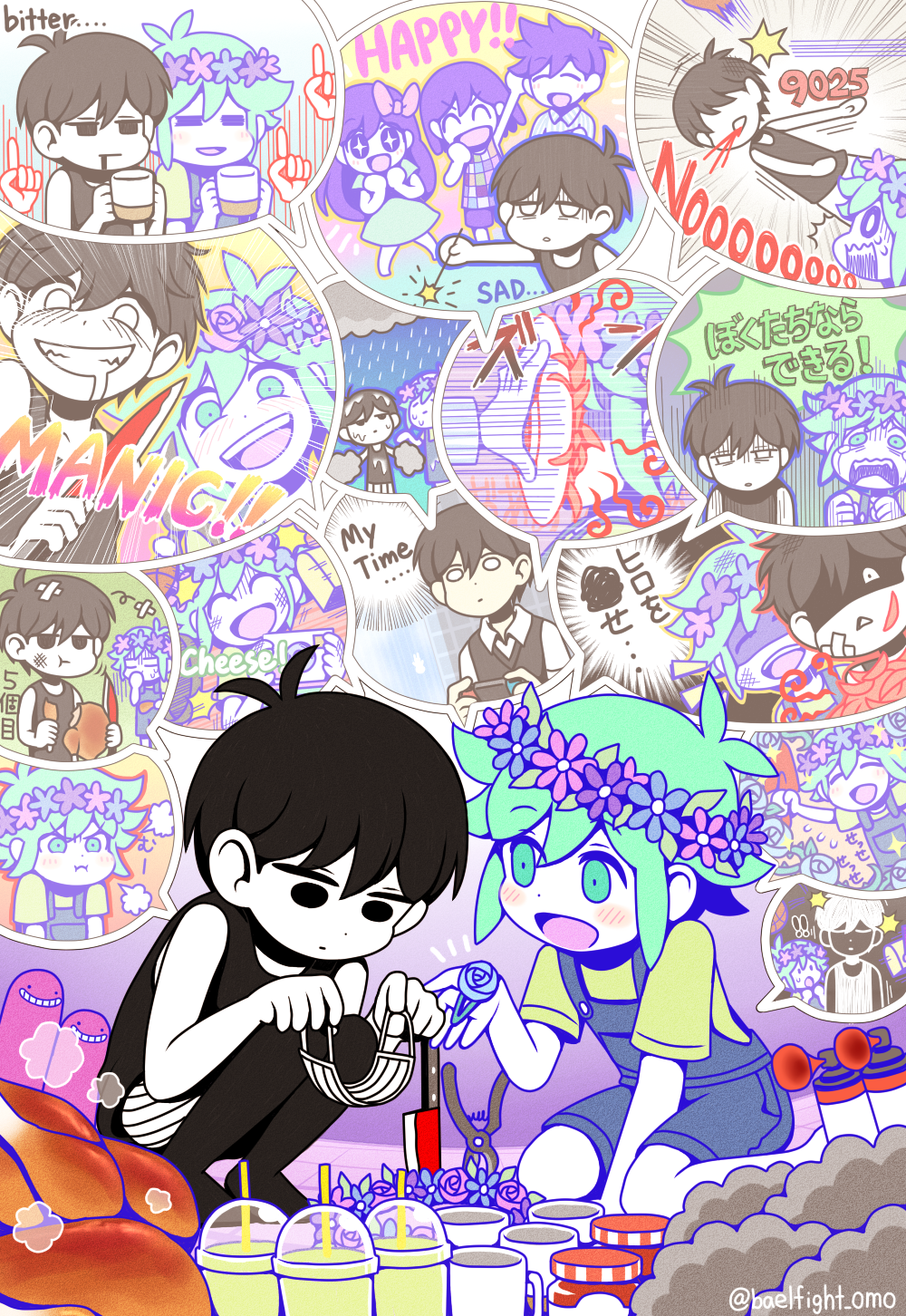 +_+ 1girl 4boys airhorn aubrey_(headspace)_(omori) aubrey_(omori) basil_(headspace)_(omori) basil_(omori) black_eyes black_hair blush bow closed_eyes closed_mouth coffee colored_skin cup expressionless green_eyes green_hair grin hair_bow head_wreath hero_(headspace)_(omori) hero_(omori) highres holding holding_cup humphrey_(omori) kel_(headspace)_(omori) kel_(omori) long_hair miya_(baelfight) multiple_boys omori omori_(omori) open_mouth parted_lips pink_bow pout puffy_cheeks saliva short_hair smile speech_bubble teeth tongue translation_request twitter_username upper_teeth_only white_skin