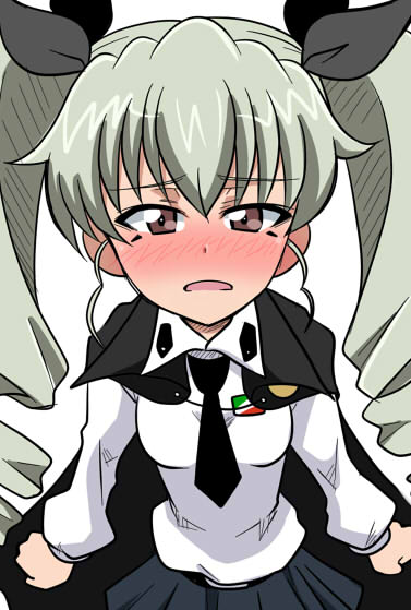 1girl anchovy_(girls_und_panzer) anzio_school_uniform black_cape black_necktie black_ribbon blue_skirt blush breasts brown_eyes cape collared_shirt drill_hair girls_und_panzer green_hair hair_ribbon long_hair looking_at_viewer necktie pov red_eyes ribbon school_uniform shirt skirt twin_drills twintails wakku_kan white_shirt