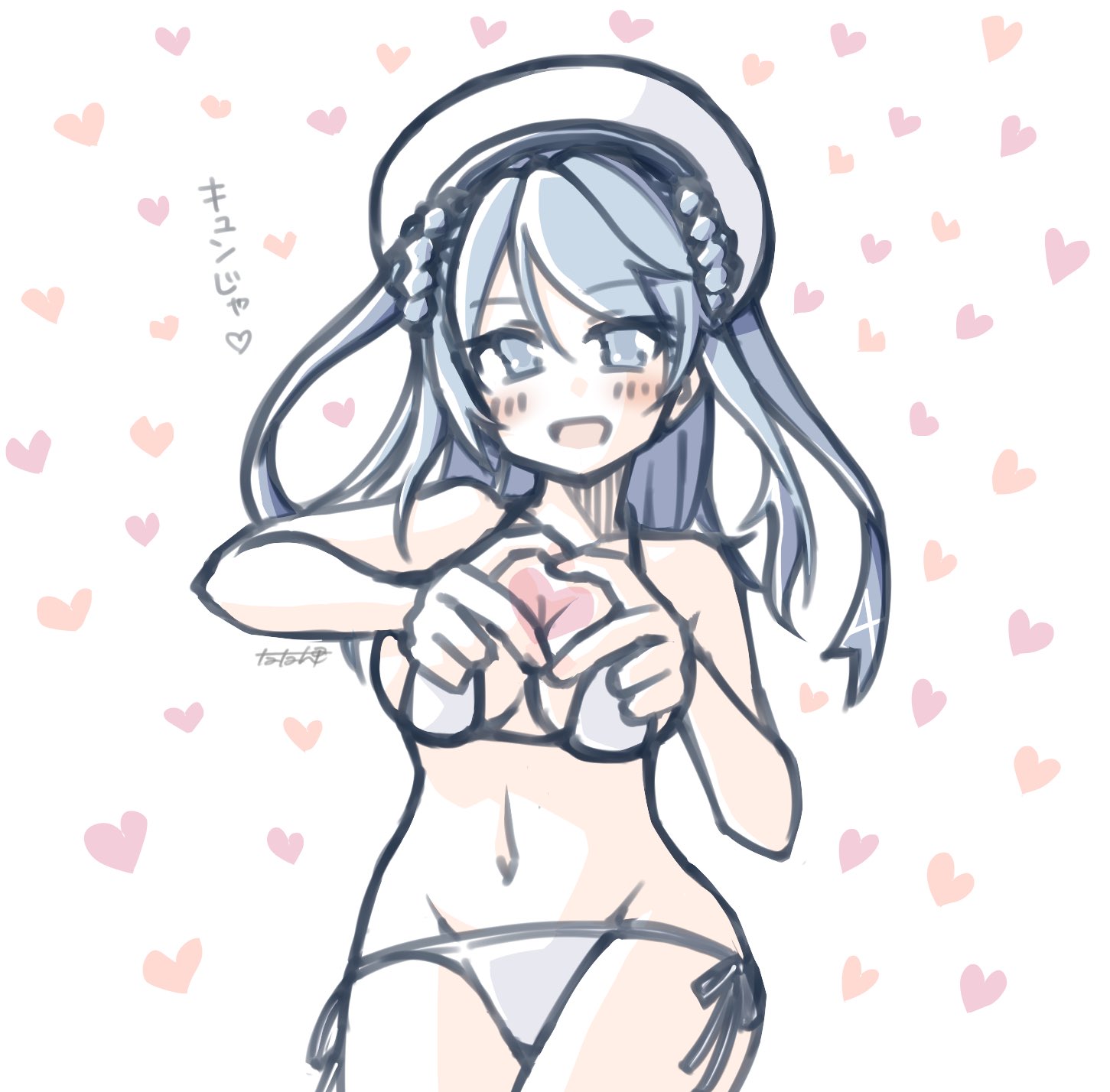 1girl alternate_costume bikini blue_eyes blue_hair breasts cleavage cowboy_shot donut_hair_bun double_bun hair_bun hat heart heart_hands highres kantai_collection large_breasts looking_at_viewer navel sailor_hat side-tie_bikini_bottom smile solo swimsuit tatahai urakaze_(kancolle) white_bikini white_hat