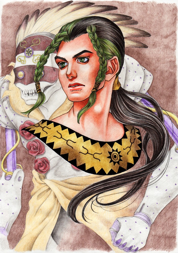 black_hair braid feathers green_hair in_a_silent_way_(stand) jojo_no_kimyou_na_bouken masu0901 multicolored_hair native_american sandman_(sbr) stand_(jojo) steel_ball_run two-tone_hair