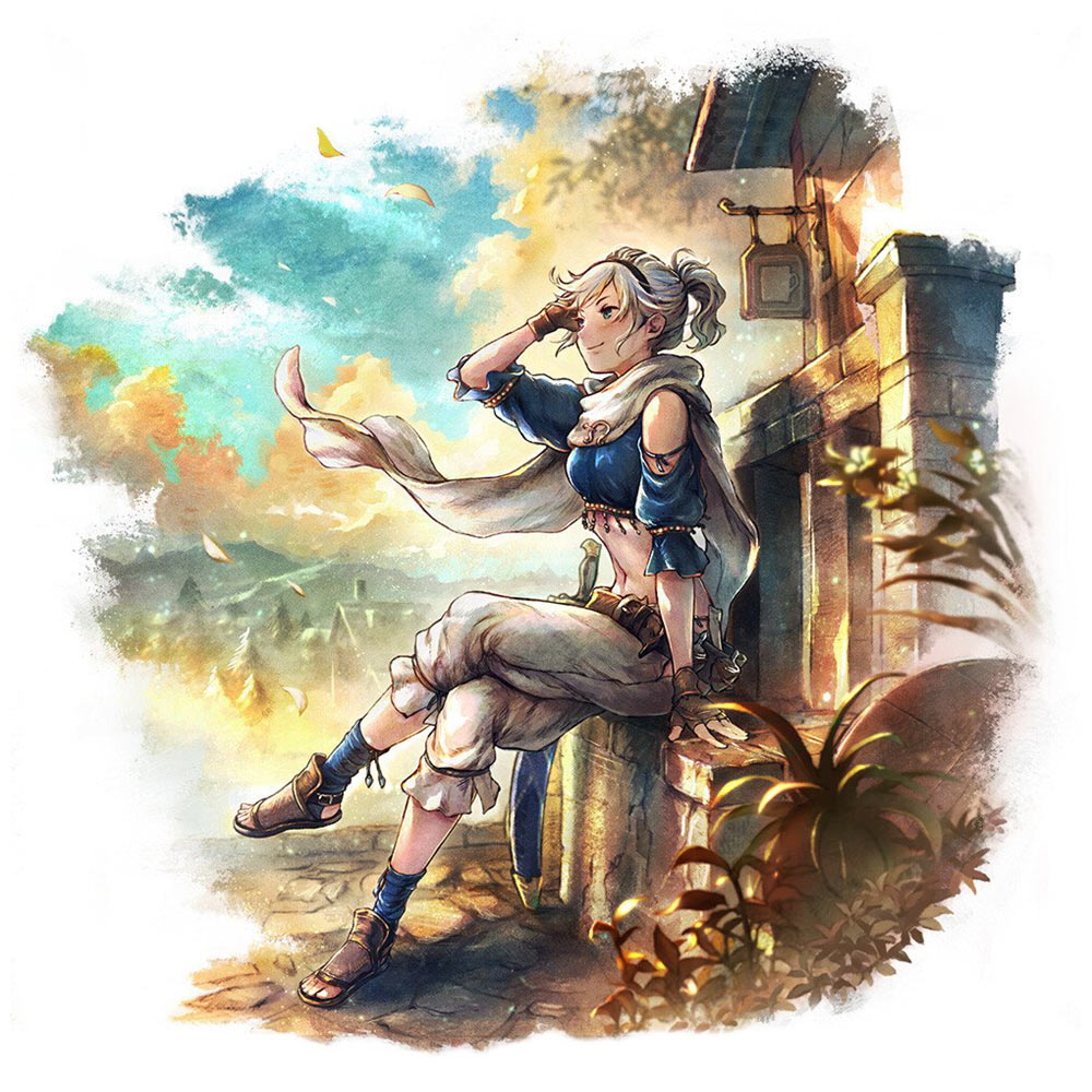 1girl adelle_ein bravely_default_(series) bravely_default_ii grey_hair midriff octopath_traveler octopath_traveler:_champions_of_the_continent official_art outdoors solo weapon