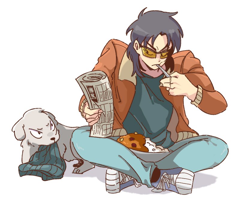 1boy :t beanie black_hair blue_pants blue_shoes bomber_jacket brown_jacket closed_mouth commentary_request curry curry_rice denim dog eating food full_body glasses grey_hat grey_shirt hat holding holding_newspaper indian_style inudori itou_kaiji jacket jeans kaiji long_hair male_focus newspaper open_clothes open_jacket pants parted_bangs rice rolled_up_newspaper scar scar_on_hand shirt shoes simple_background sitting sneakers solo t-shirt tinted_eyewear unworn_hat unworn_headwear utensil_in_mouth white_background yellow-tinted_eyewear