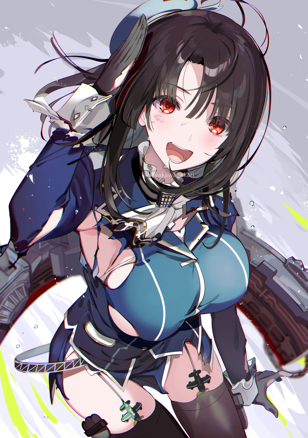 1girl beret black_gloves black_hair black_thighhighs blue_hat blush breasts commentary_request dirty dirty_face garter_straps gloves hair_between_eyes hat hayakawa_akari highres kantai_collection large_breasts long_sleeves looking_at_viewer military military_uniform open_mouth red_eyes rigging salute solo takao_(kancolle) thighhighs torn_clothes torn_gloves twitter_username water
