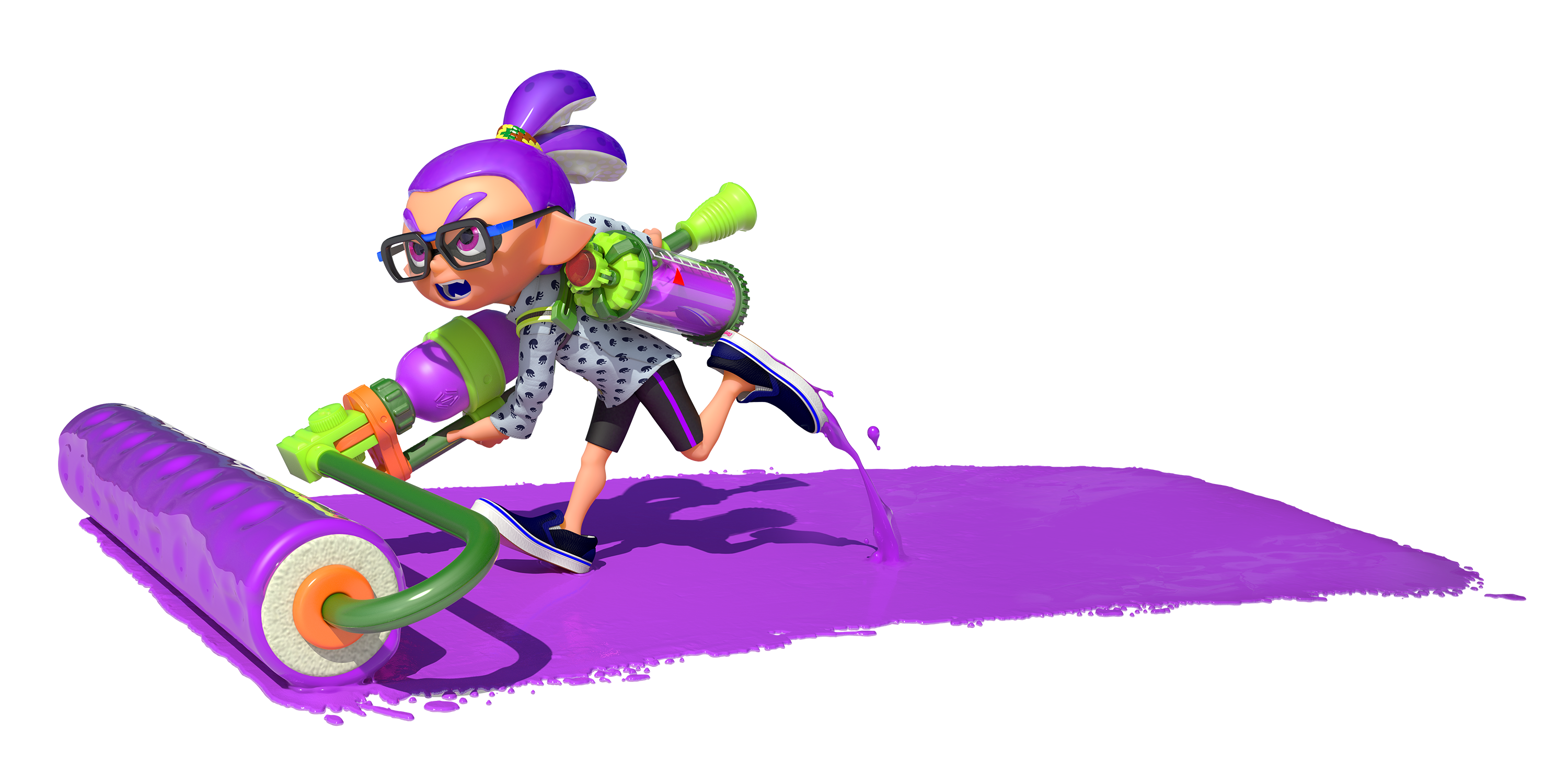 1boy 3d bike_shorts blue_shoes dynamic_pose eye_mask frown full_body glasses gradient_hair highres holding holding_weapon ink_tank_(splatoon) inkling inkling_boy inkling_player_character long_sleeves looking_ahead multicolored_hair nintendo official_art open_mouth purple_hair red_eyes rui_(splatoon) running shirt shoes sneakers solo splat_roller_(splatoon) splatoon_(series) splatoon_1 spotted_hair suction_cups tentacle_hair thick_eyebrows transparent_background two-tone_hair v-shaped_eyebrows weapon white_shirt