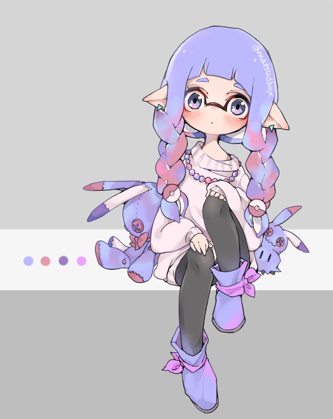 1girl artist_name bead_necklace beads black_pantyhose blue_eyes boots braid closed_mouth color_guide commentary_request dot_mouth earrings hands_on_own_knees inkling inkling_girl inkling_player_character invisible_chair jewelry long_hair long_sleeves looking_at_viewer matsushita_(matsudbox) multicolored_eyes multicolored_hair necklace nintendo no_nose pantyhose pink_eyes pink_hair pink_sweater pointy_ears poke_ball_hair_ornament purple_boots purple_hair sitting solo splatoon_(series) stuffed_animal stuffed_rabbit stuffed_toy sweater tentacle_hair triangle_earrings twin_braids two-tone_eyes two-tone_hair