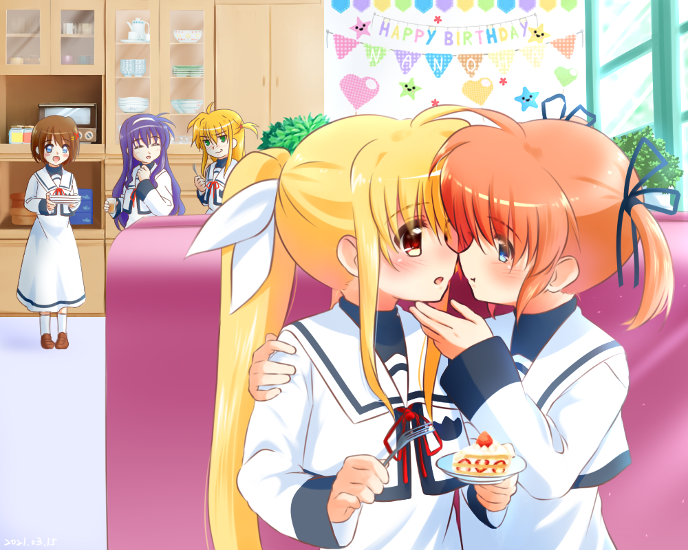 5girls angry arisa_bunnings birthday birthday_cake birthday_party black_ribbon blonde_hair blue_eyes blush brown_hair cake couple embarrassed eye_contact fate_testarossa food hair_ribbon happy imminent_kiss kerorokjy long_hair looking_at_another lyrical_nanoha mahou_shoujo_lyrical_nanoha mahou_shoujo_lyrical_nanoha_a&#039;s medium_hair multiple_girls orange_hair purple_hair red_eyes ribbon school_uniform short_twintails smile takamachi_nanoha tsukimura_suzuka twintails white_ribbon yagami_hayate yuri
