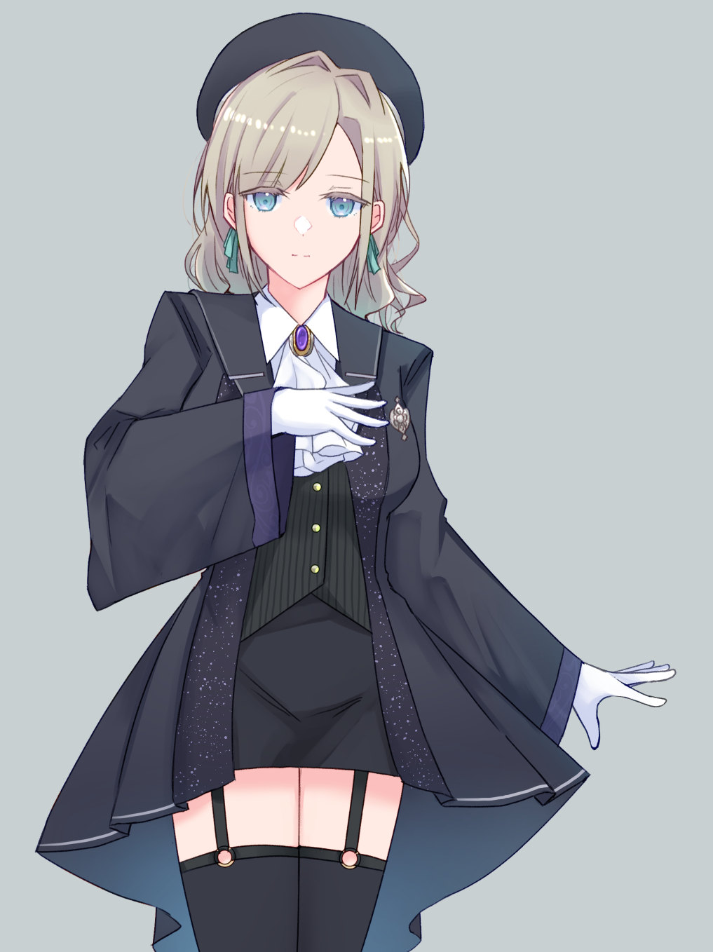 1girl alternate_costume ascot beret black_coat black_hat black_skirt black_vest blue_eyes blue_ribbon breasts brooch ceras_yanagida_lilienfeld coat collared_shirt commentary_request dress_shirt garter_straps grey_background grey_hair hair_intakes hair_ribbon hat haz highres jewelry link!_like!_love_live! long_hair long_sleeves love_live! medium_breasts miniskirt o-ring_legwear_garter open_clothes open_coat pencil_skirt ribbon shirt simple_background skirt solo swept_bangs vest white_ascot white_shirt