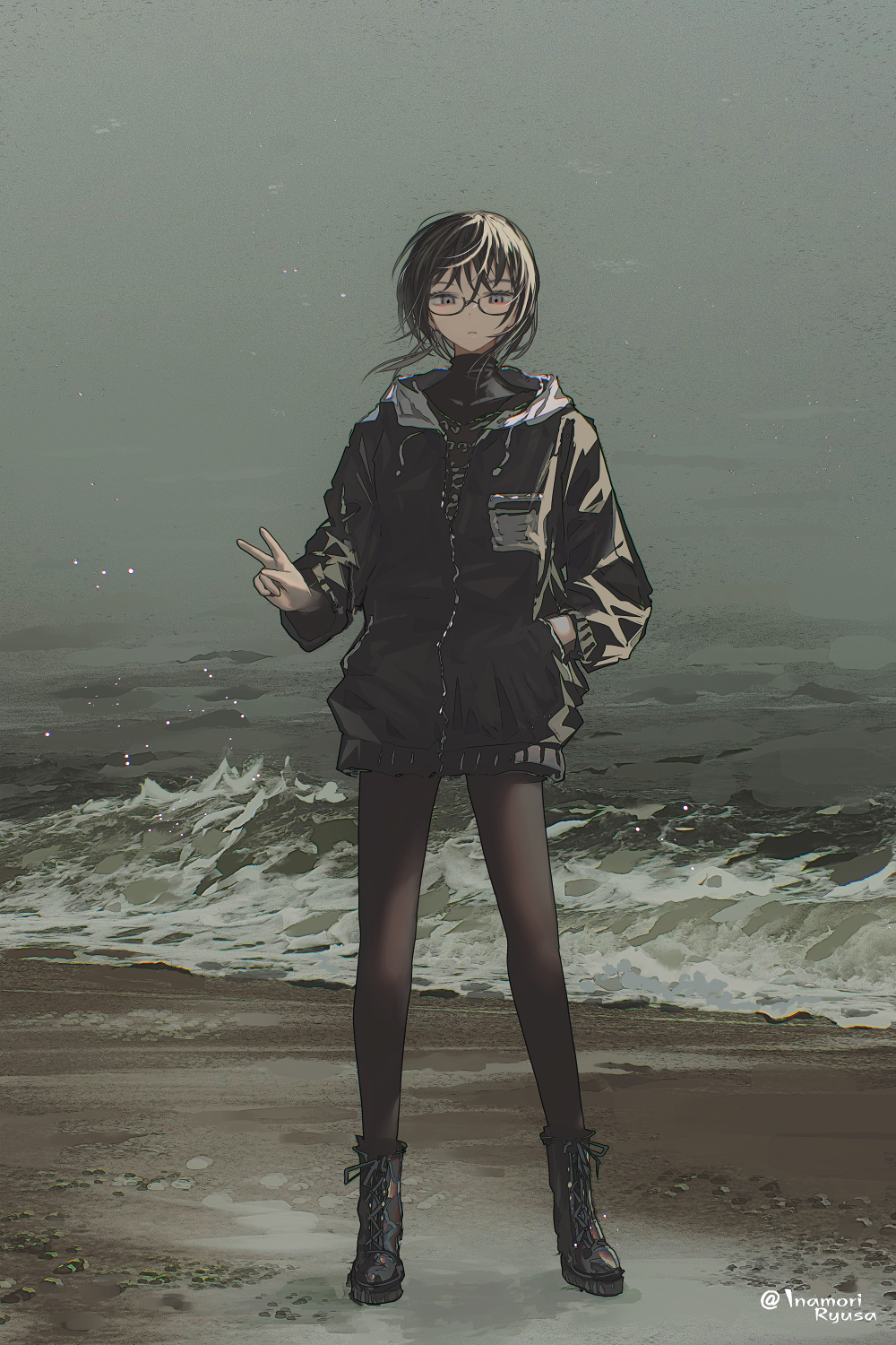 1girl beach black_footwear black_hair black_jacket black_pantyhose black_shirt closed_mouth commentary_request floating_hair full_body glasses grey_eyes hand_in_jacket highres hood hooded_jacket inaeda_kei jacket long_hair long_sleeves looking_at_viewer ocean original pantyhose semi-rimless_eyewear shirt short_hair solo standing turtleneck twitter_username under-rim_eyewear v