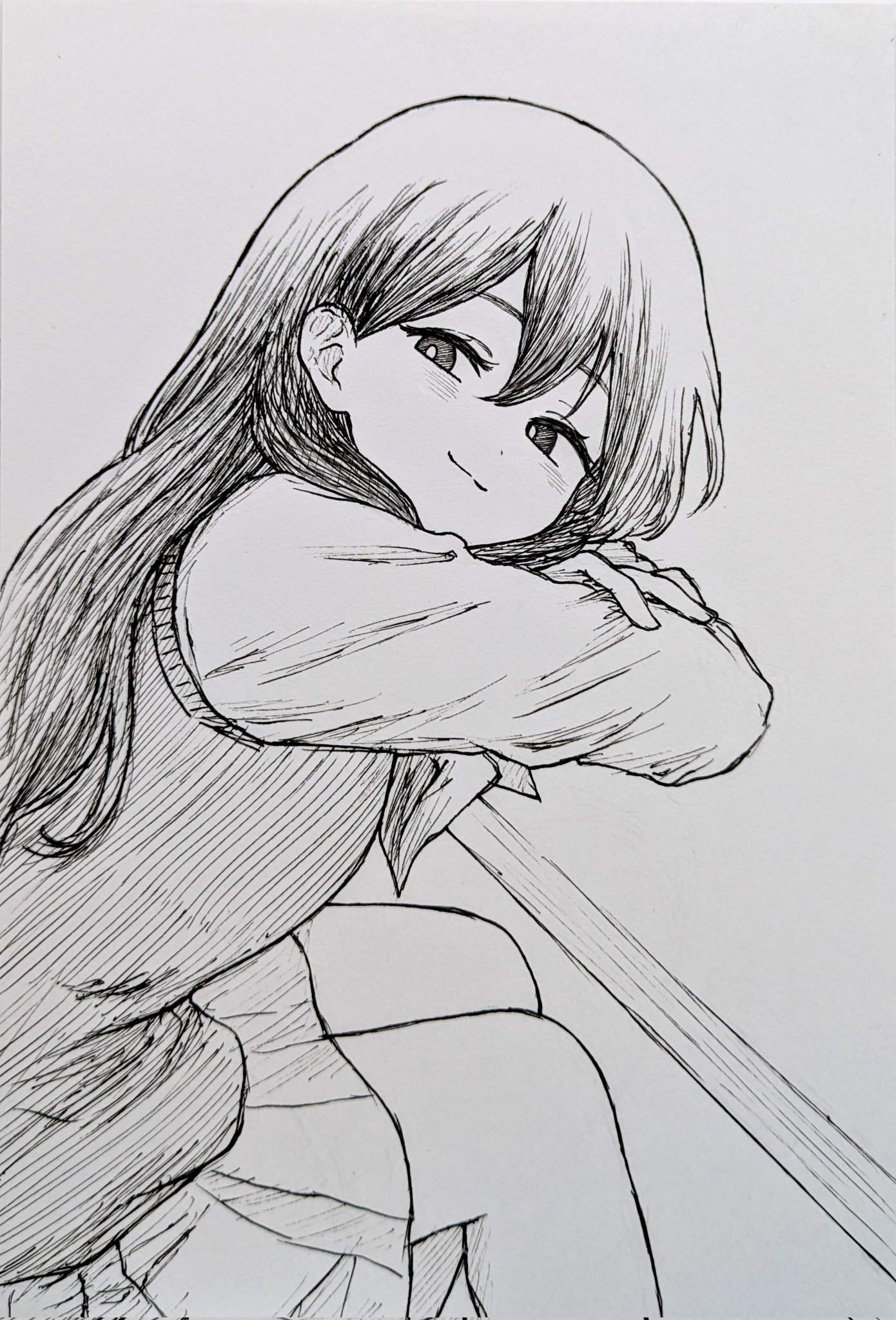 1girl :3 alternate_sleeve_length closed_mouth greyscale highres long_hair long_sleeves looking_at_viewer mari_(headspace)_(omori) mari_(omori) mimn_(kdjgxrt1xt69701) monochrome neckerchief omori pleated_skirt shirt simple_background skirt smile smug solo sweater_vest traditional_media