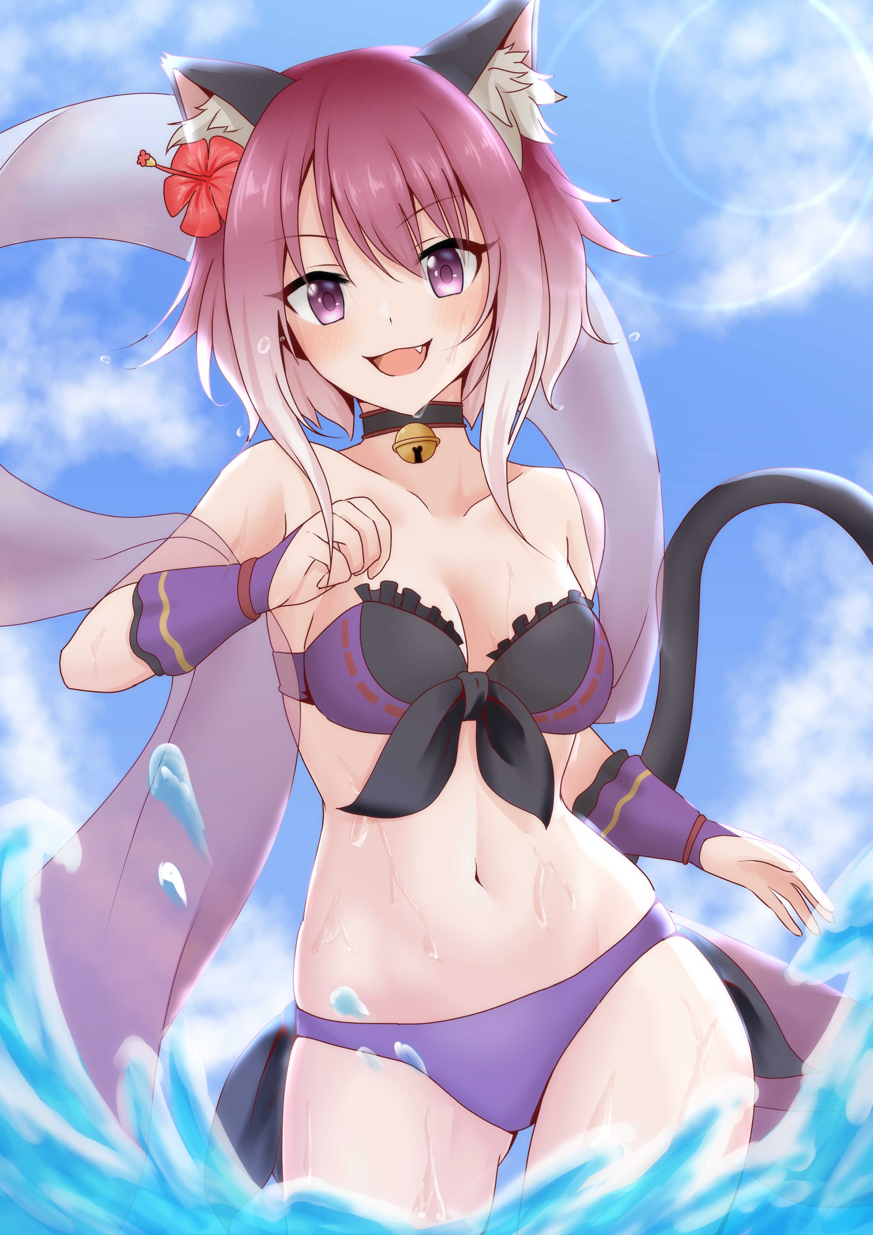 1girl :d absurdres animal_ear_fluff animal_ears bare_shoulders bell bikini breasts bridal_gauntlets cat_ears cat_girl cat_tail chakuro96 commentary_request flower front-tie_bikini_top front-tie_top gluteal_fold hair_flower hair_ornament highres jingle_bell looking_at_viewer medium_breasts navel neck_bell official_alternate_costume open_mouth princess_connect! purple_bikini purple_eyes ribbon-trimmed_bikini ribbon_trim shawl short_hair smile solo swimsuit tail tamaki_(princess_connect!) tamaki_(summer)_(princess_connect!)