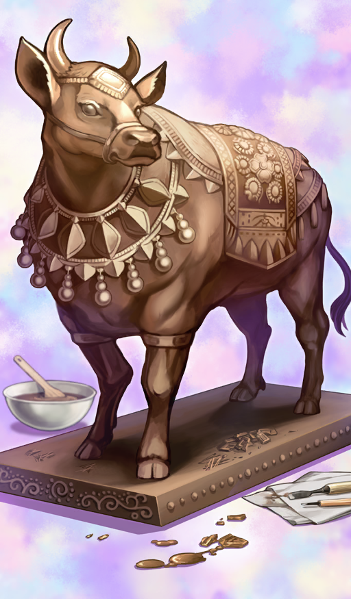 animal-themed_food bowl chisel chocolate commentary cow fate/grand_order fate_(series) food food_art food_focus mixing_bowl no_humans official_art oversized_food oversized_object purple_background sasaki_midori spoon still_life third-party_source wooden_spoon