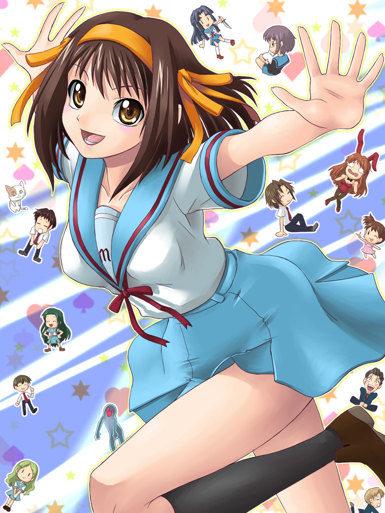 00s 5boys 6+girls asahina_mikuru asakura_ryoko brown_hair calico_(pattern) calico_cat cat celestial_(suzumiya_haruhi) computer_club_president_(suzumiya_haruhi) everyone kimidori_emiri koizumi_itsuki kunikida_(suzumiya_haruhi) kyon kyon_no_imouto multiple_boys multiple_girls nagato_yuki school_uniform serafuku shamisen_(suzumiya_haruhi) short_hair suzumiya_haruhi suzumiya_haruhi_no_yuuutsu taniguchi_(suzumiya_haruhi) tsuruya yaso_shigeru