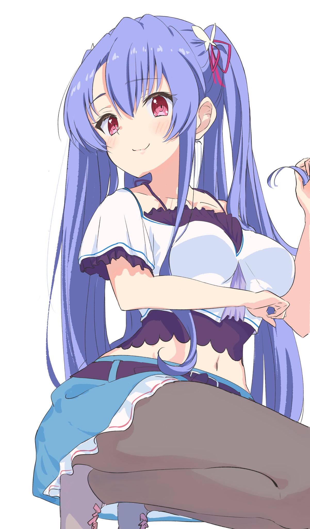 1girl alternate_hairstyle belt black_belt black_pantyhose blue_hair blue_skirt blush breasts butterfly_hair_ornament closed_mouth collarbone commentary domotteru frilled_skirt frilled_sleeves frills from_below hair_between_eyes hair_ornament hair_ribbon hand_up highres knees_out_of_frame large_breasts long_hair looking_at_viewer midriff miniskirt navel pantyhose red_eyes red_ribbon ribbon shoes short_sleeves sidelocks simple_background skirt smile solo sorakado_ao split_mouth squatting summer_pockets tiptoes twintails very_long_hair white_background white_shoes